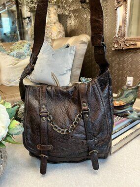 Abaco dark brown lambskin  leather crinkled distress chain detailing handbag
